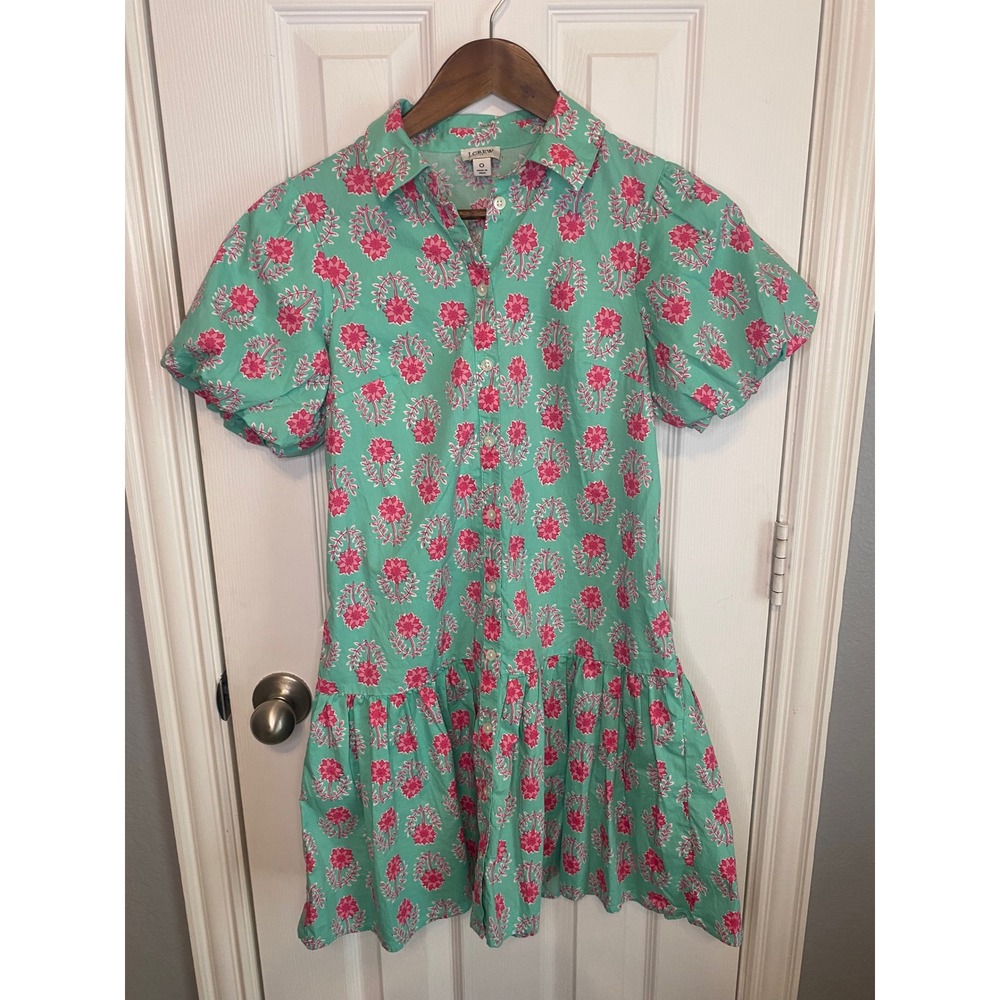 J.Crew Shirt Dress Size 0 Pink Floral Block Print Tiered Mini Mint Green Pockets